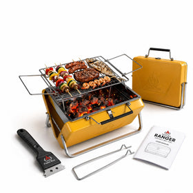 Flame Box Ranger portable grill in closed case for easy transport.