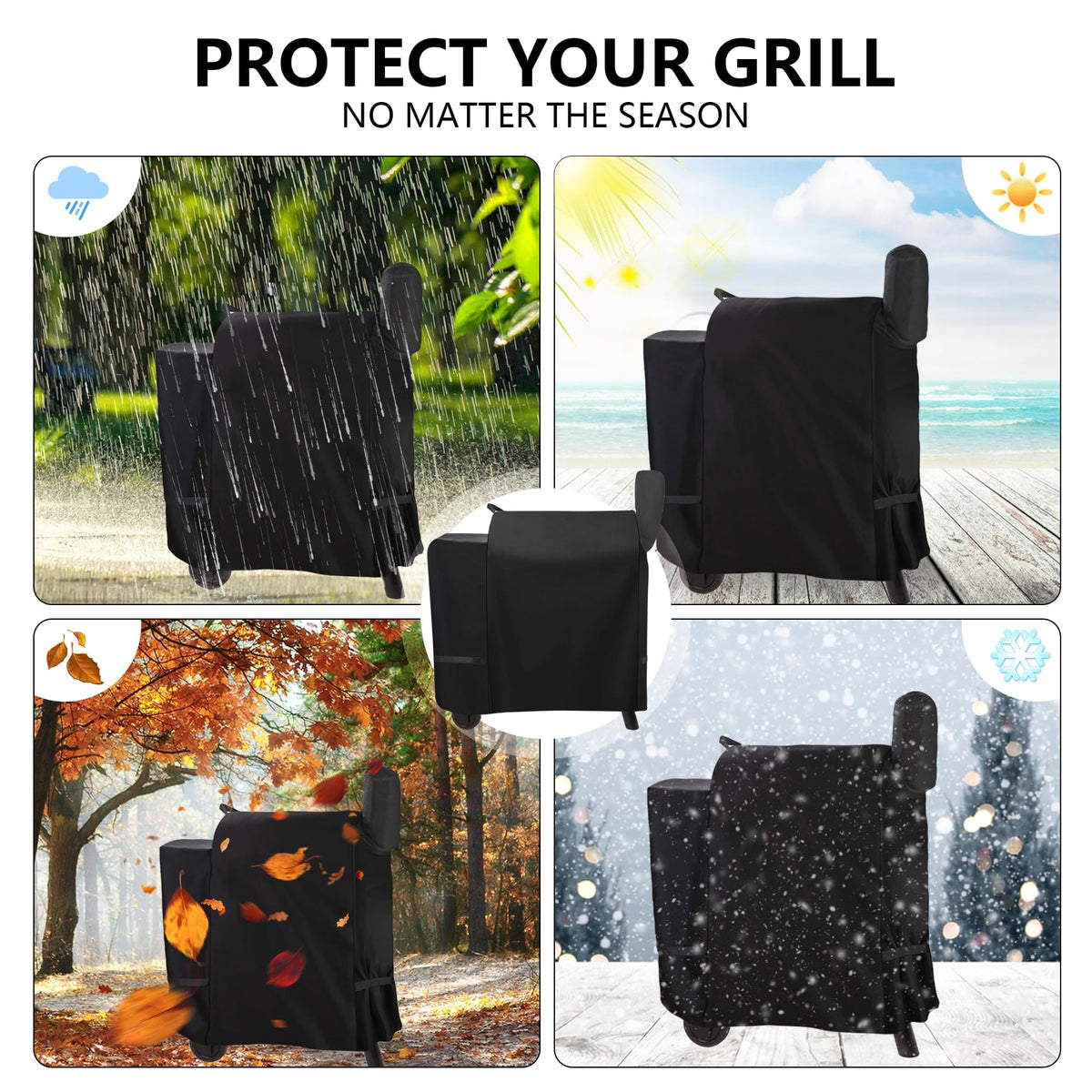 FlameDuty fabric handle eases fitting and removal for quick seasonal use.