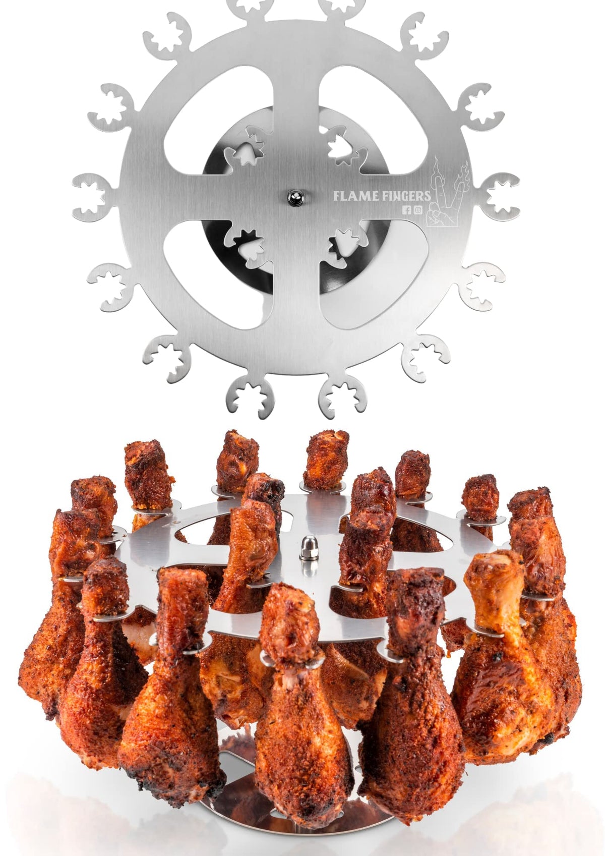 Flame Fingers dishwasher-safe rack simplifies post-cook cleanup after gatherings