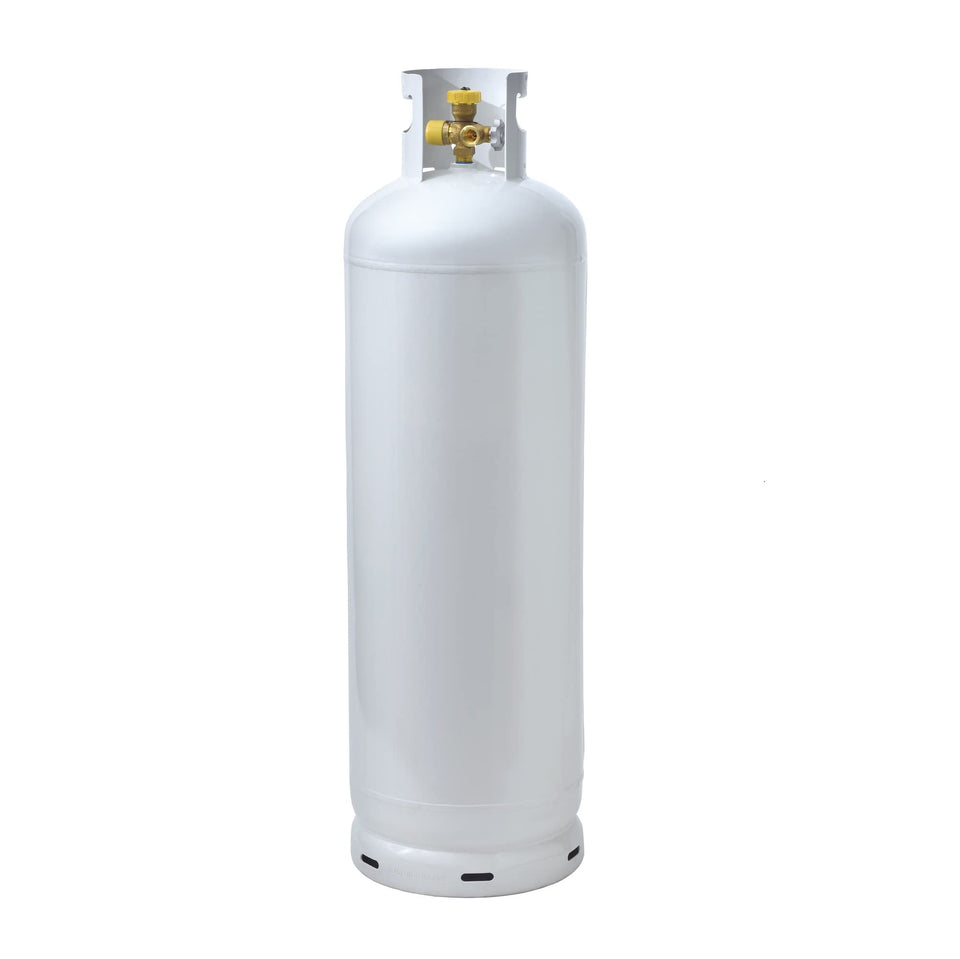 Flame King 100LB multi-valve tank front view showing integrated valves for convenient on-site refilling.