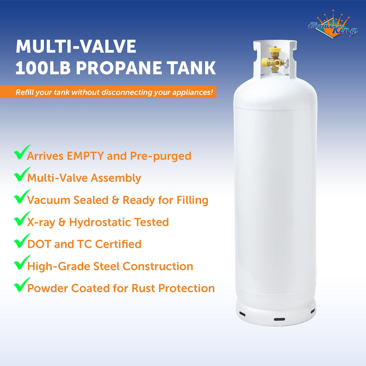 Flame King 100LB tank valve assembly highlights safety components for reliable propane handling.