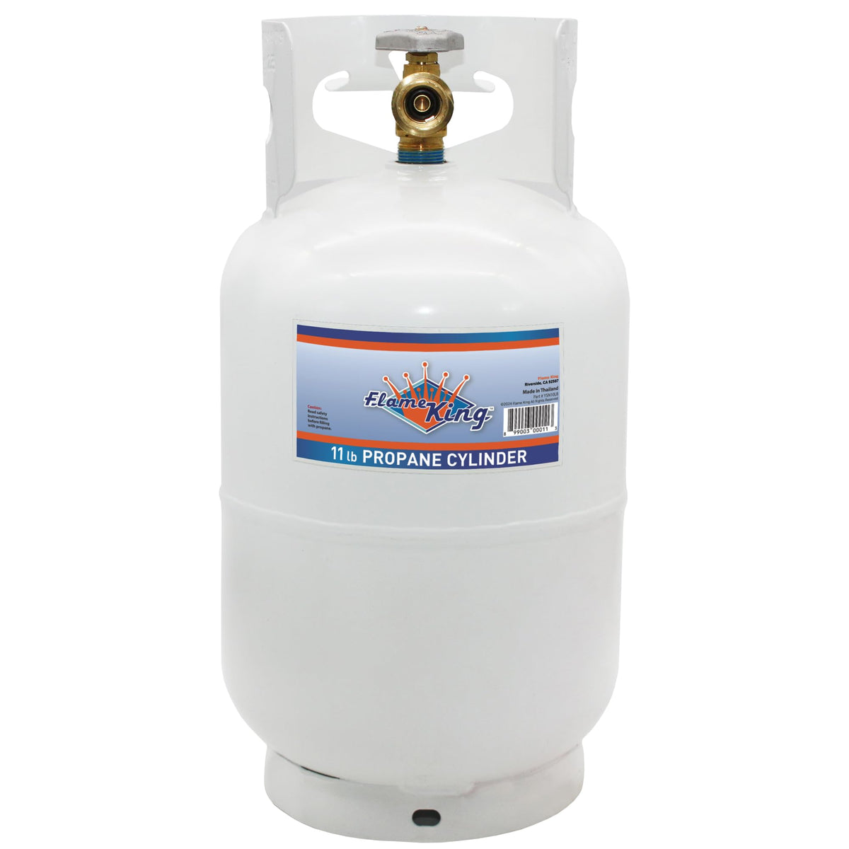 Flame King 10LB tank with OPD valve close-up, highlighting enhanced safety for propane storage.