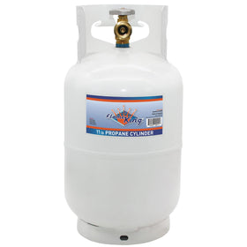 Flame King 10LB tank with OPD valve close-up, highlighting enhanced safety for propane storage.