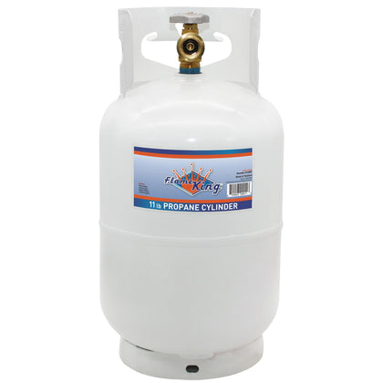 Flame King 10LB tank with OPD valve close-up, highlighting enhanced safety for propane storage.