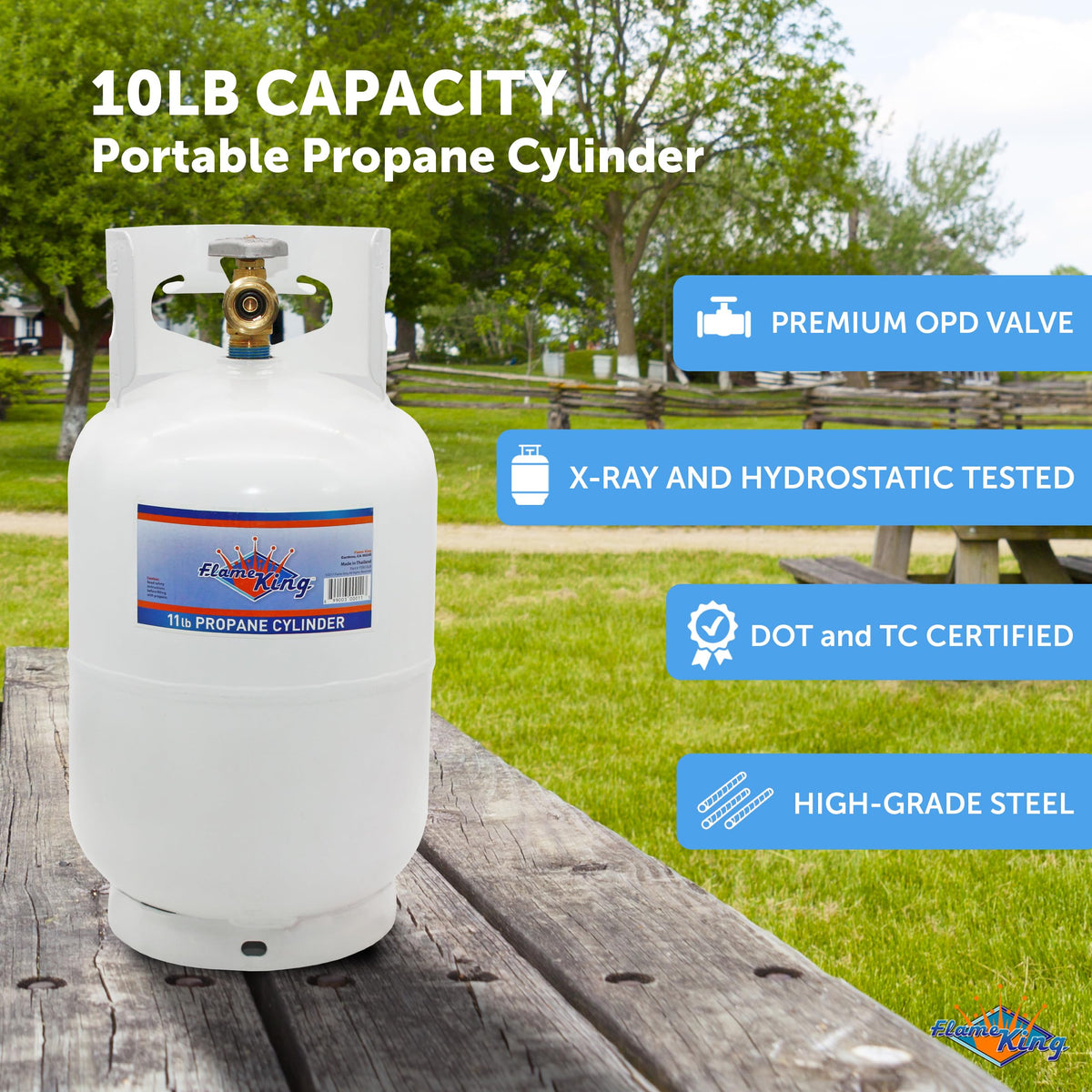 Flame King 10LB tank features powder-coated exterior for lasting protection against the elements.
