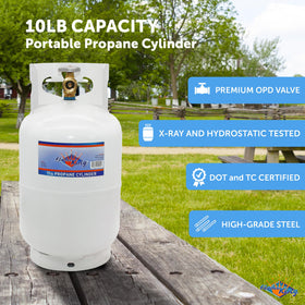 Flame King 10LB tank features powder-coated exterior for lasting protection against the elements.