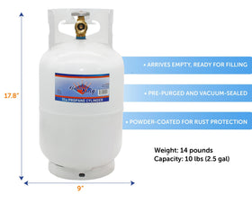 Flame King 10LB tank shows steel-welded construction for rugged outdoor durability.