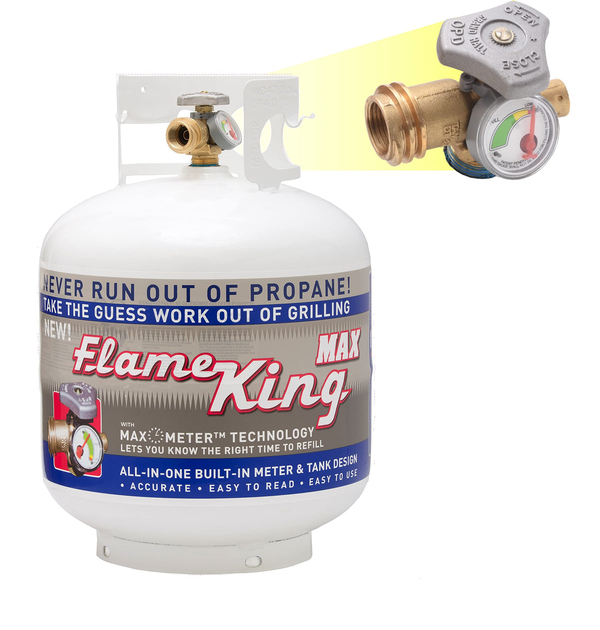 Flame King 20lb propane tank with gauge showing fuel level for planned cookouts