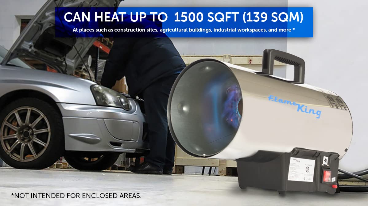 Flame King heater in a garage showing safe operation features