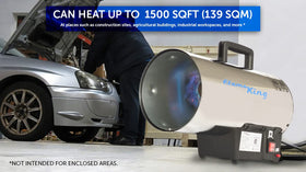 Flame King heater in a garage showing safe operation features