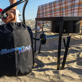 Flame King tank cover on camping setup demonstrates versatile outdoor use