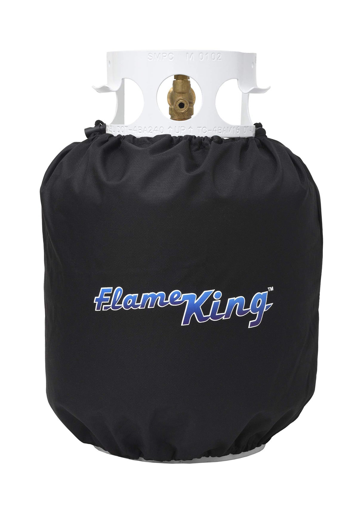 Flame King propane tank cover, front view shields 20-lb tanks outdoors