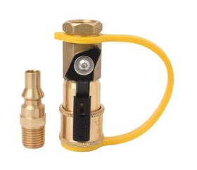 Flame King QP adapter closeup shows durable brass construction for RV connections.