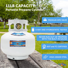 Flame King squatty tank with built-in gauge for propane awareness