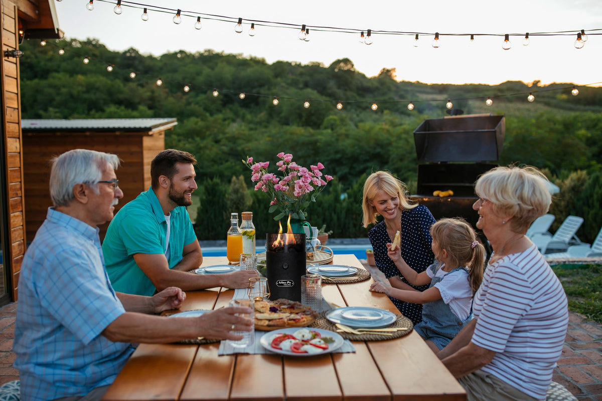 Flame King table fire pit, umbrella hole compatible for setup