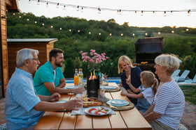 Flame King table fire pit, umbrella hole compatible for setup