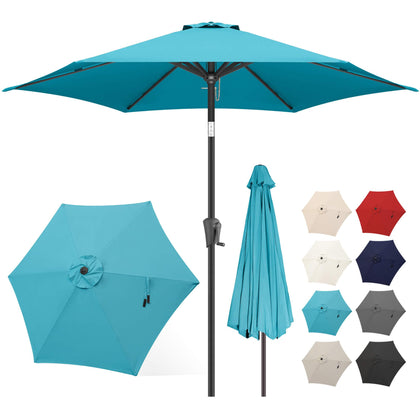 FLAME&SHADE 7.5ft umbrella canopy shading a table and chairs for outdoor meals.
