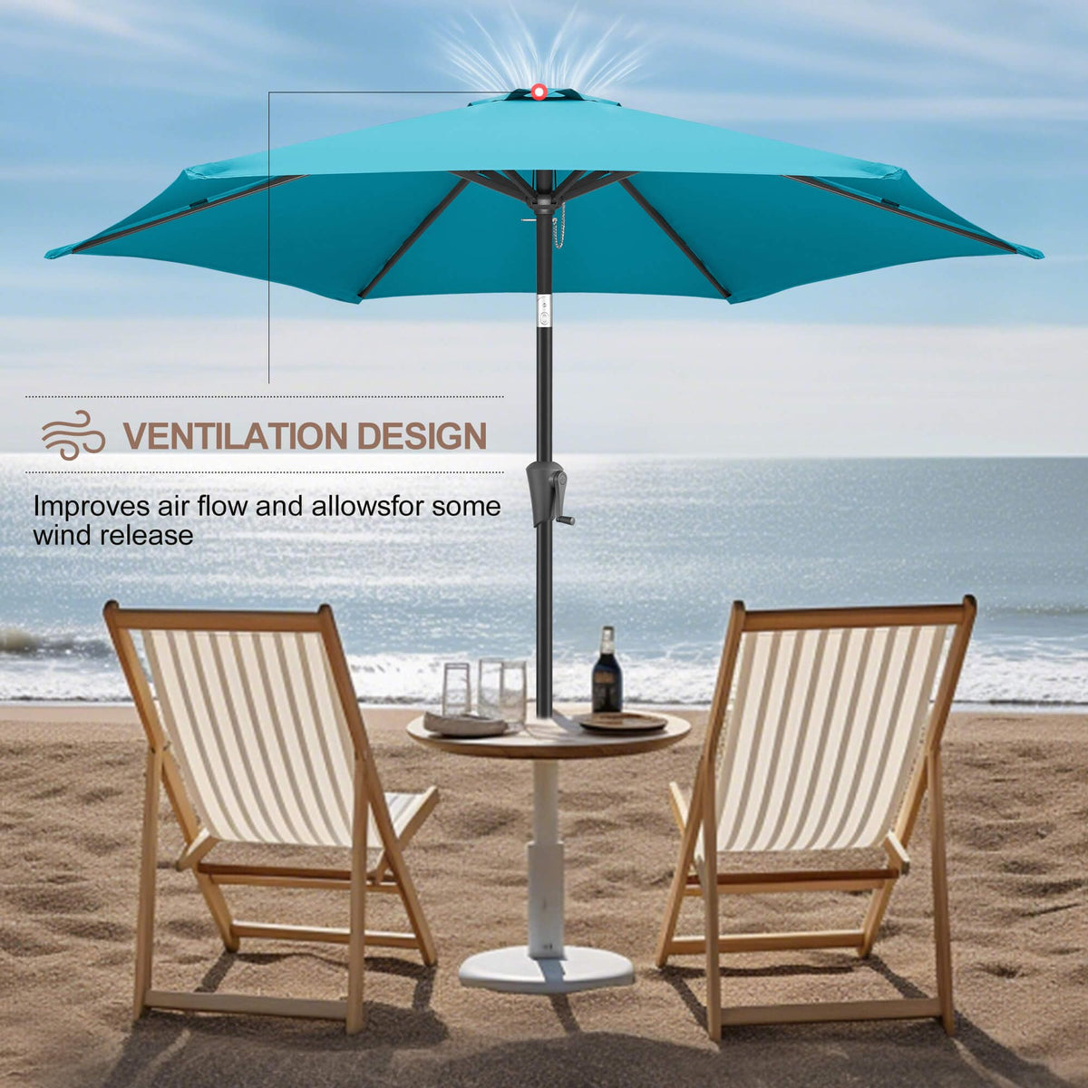 FLAME&SHADE 7.5ft umbrella fits 31-43 inch tables and 2-4 chairs.