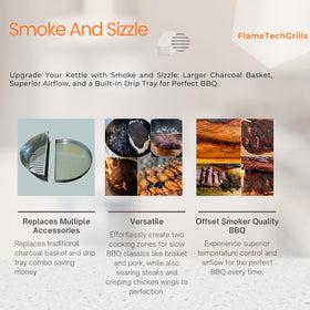 FlameTechGrills Smoke and Sizzle water pan stores up to 32 ounces for juicier results