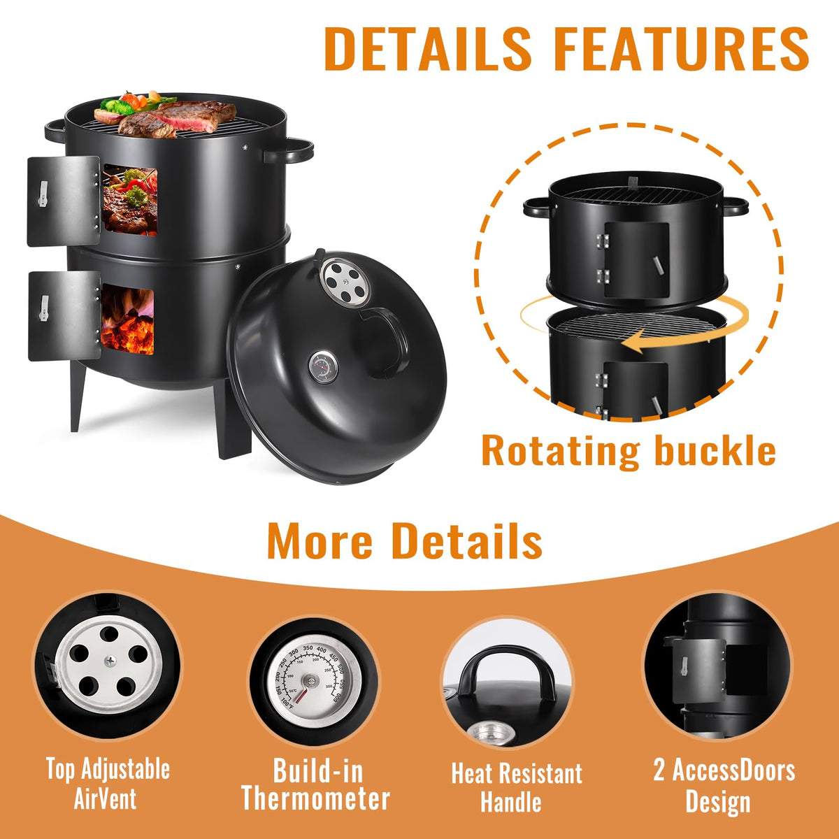 Flaryth vertical smoker air vent detail illustrating controlled airflow for cooking.