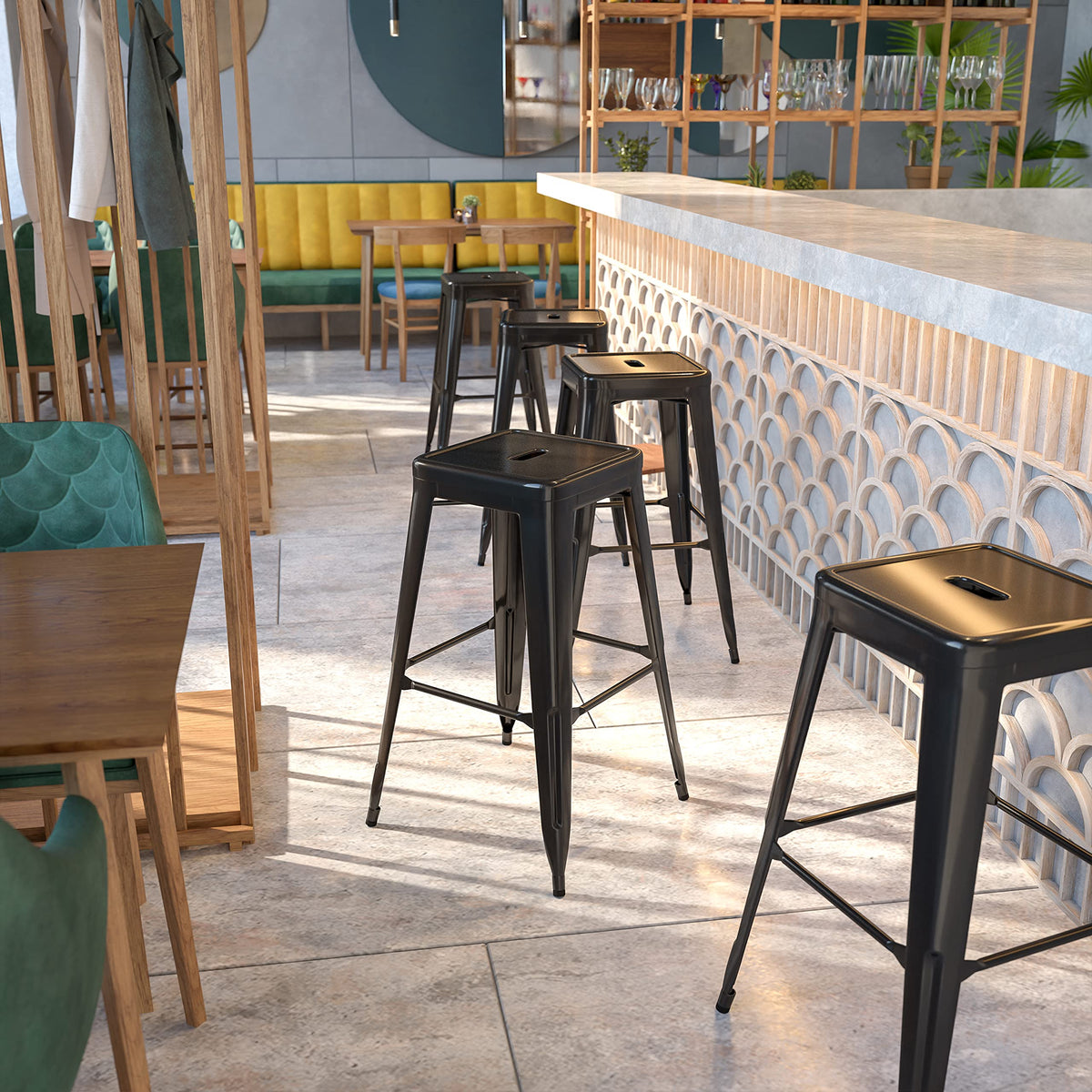 Flash Furniture industrial square barstool in black, ideal for modern patios and bars.