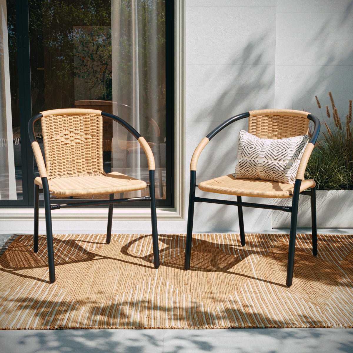 Flash Furniture Lila beige rattan chair front view, clean lines for patio and lobby spaces.