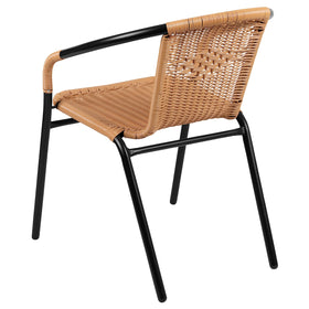 Flash Furniture Lila beige rattan chair outdoors, ideal for patio dining and pool areas.