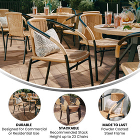 Flash Furniture Lila beige rattan chair stacked, space-saving solution for busy hospitality spaces.