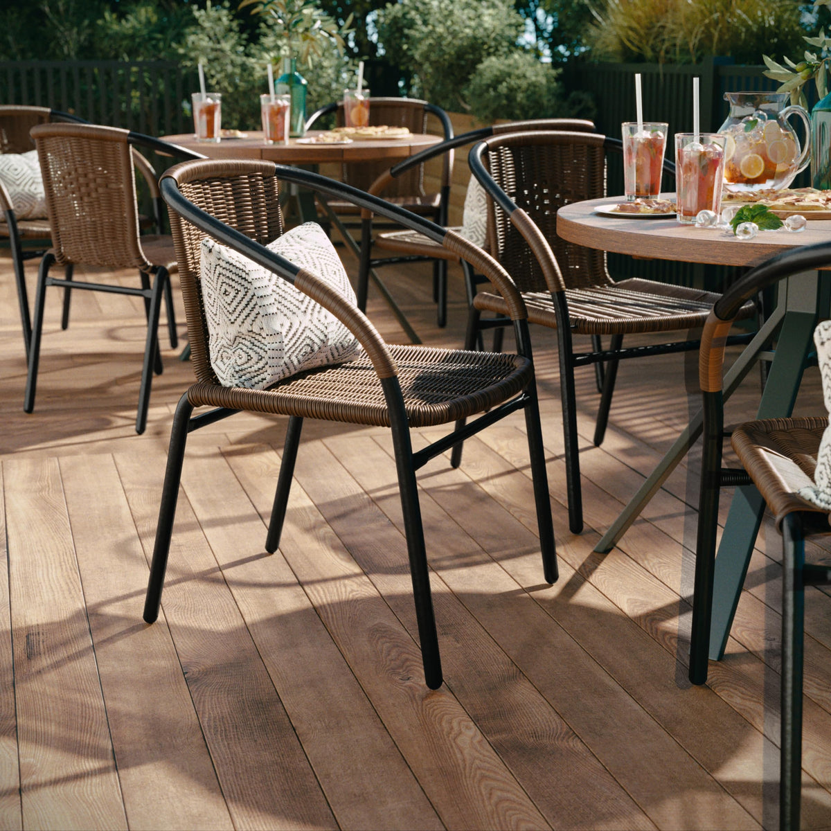 Lila integrated armrests provide added support during gatherings