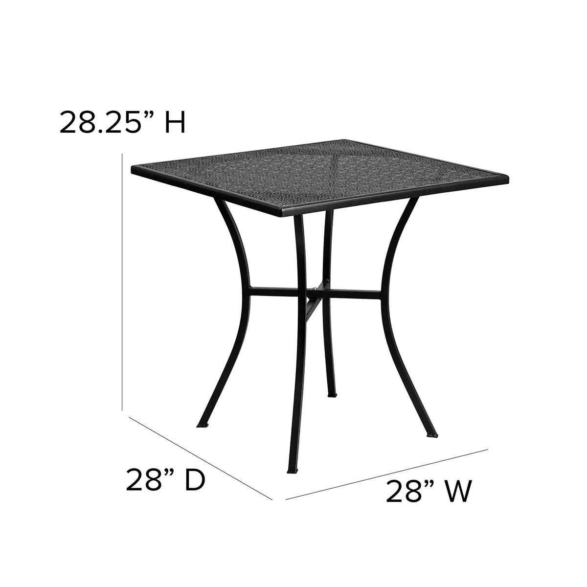 Flash Furniture Oia 28-inch square table dimensions for compact spaces.