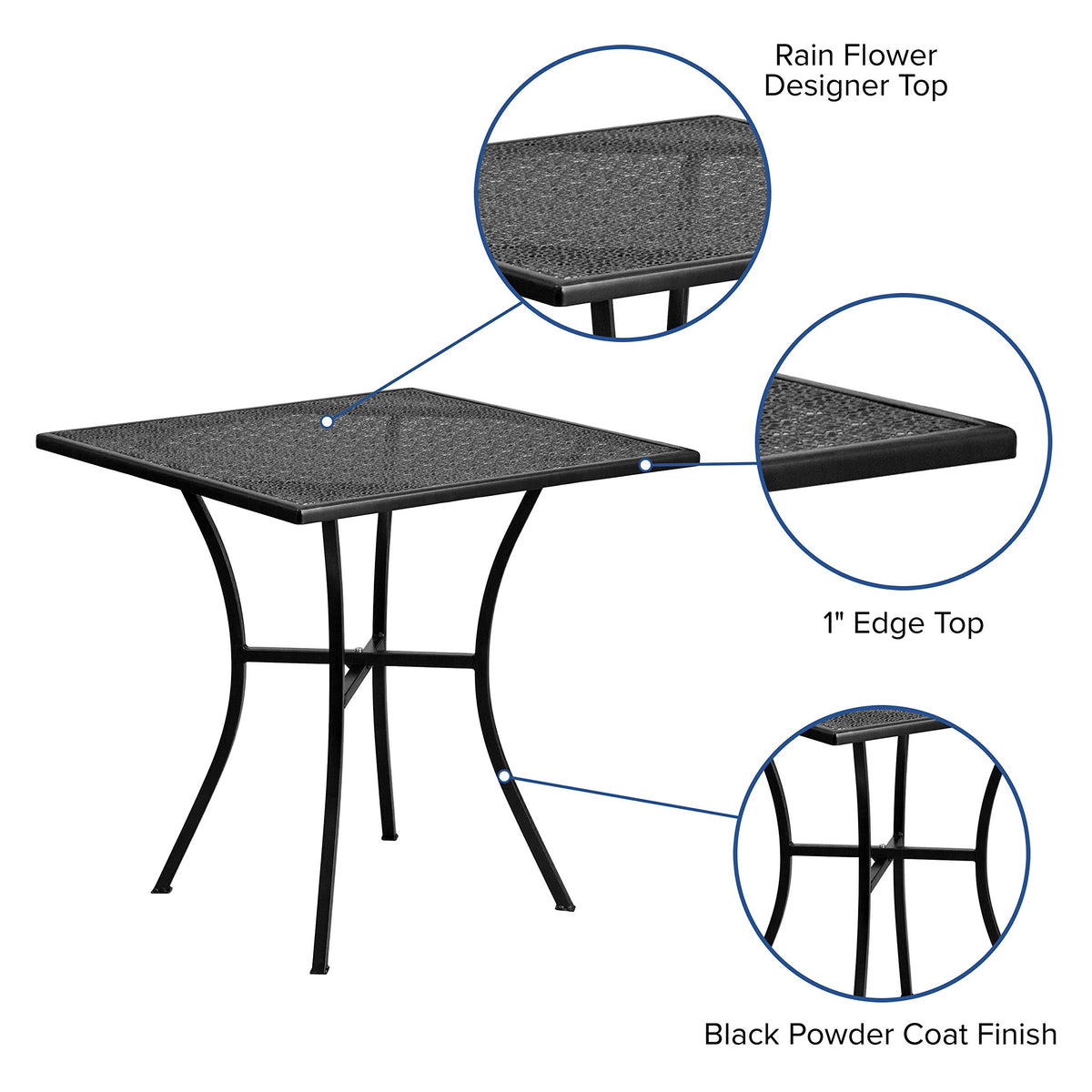 Flash Furniture Oia black powder-coated steel construction emphasizes durability.