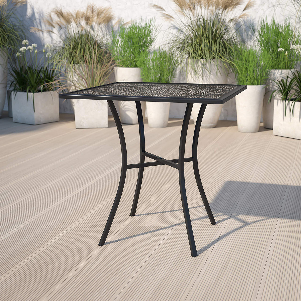 Flash Furniture Oia outdoor table with black powder-coated steel for all-weather use.