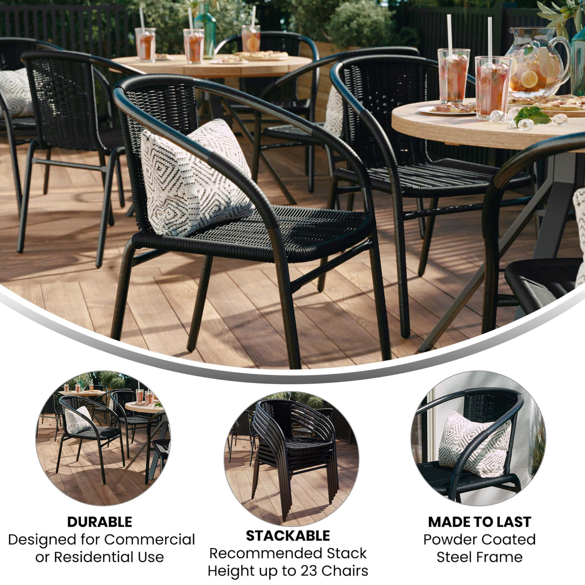 Flash Furniture stackable rattan chairs for easy storage between shifts