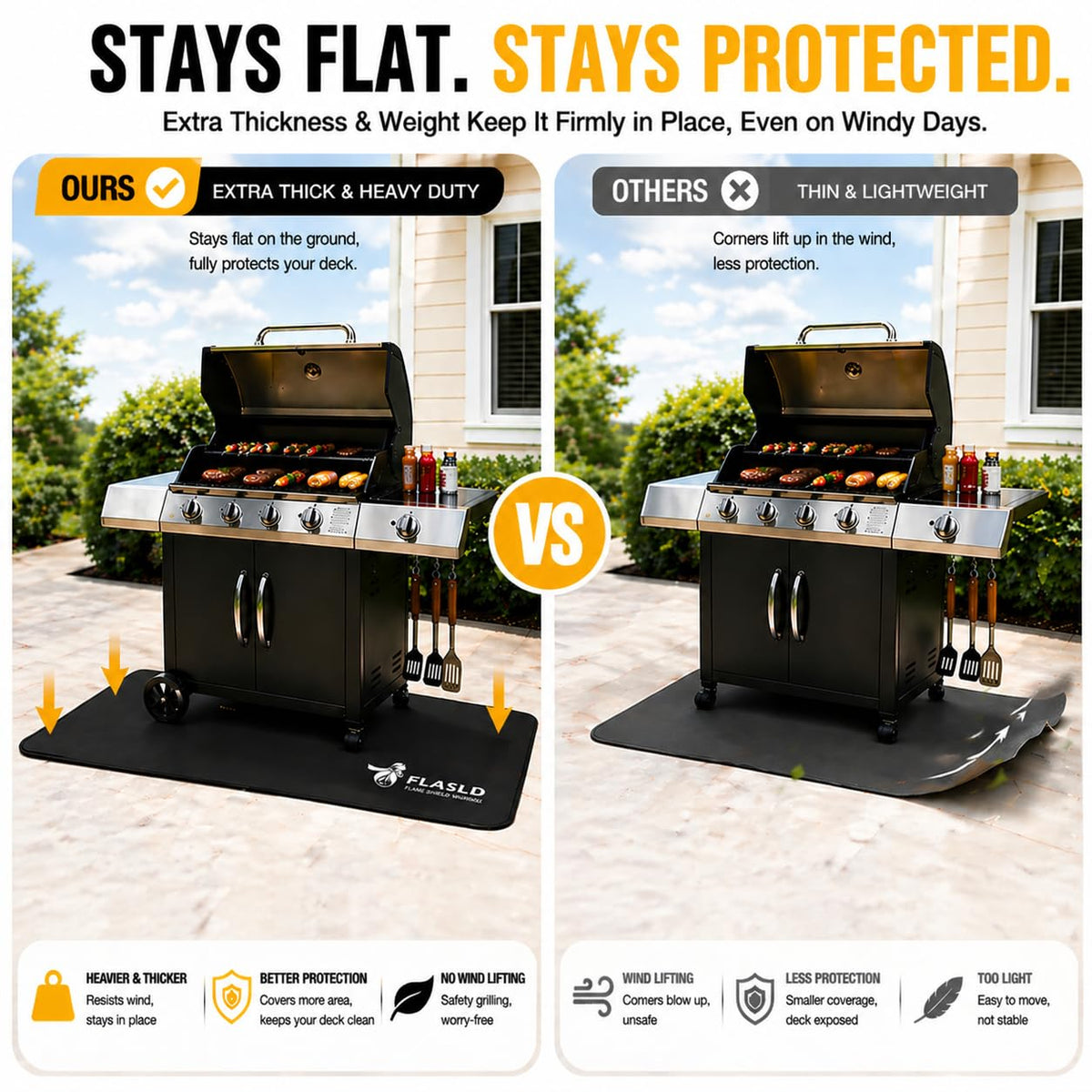 FLASLD fireproof mat under grill scene demonstrates heat protection and spill resistance.