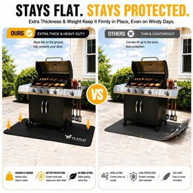FLASLD fireproof mat under grill scene demonstrates heat protection and spill resistance.