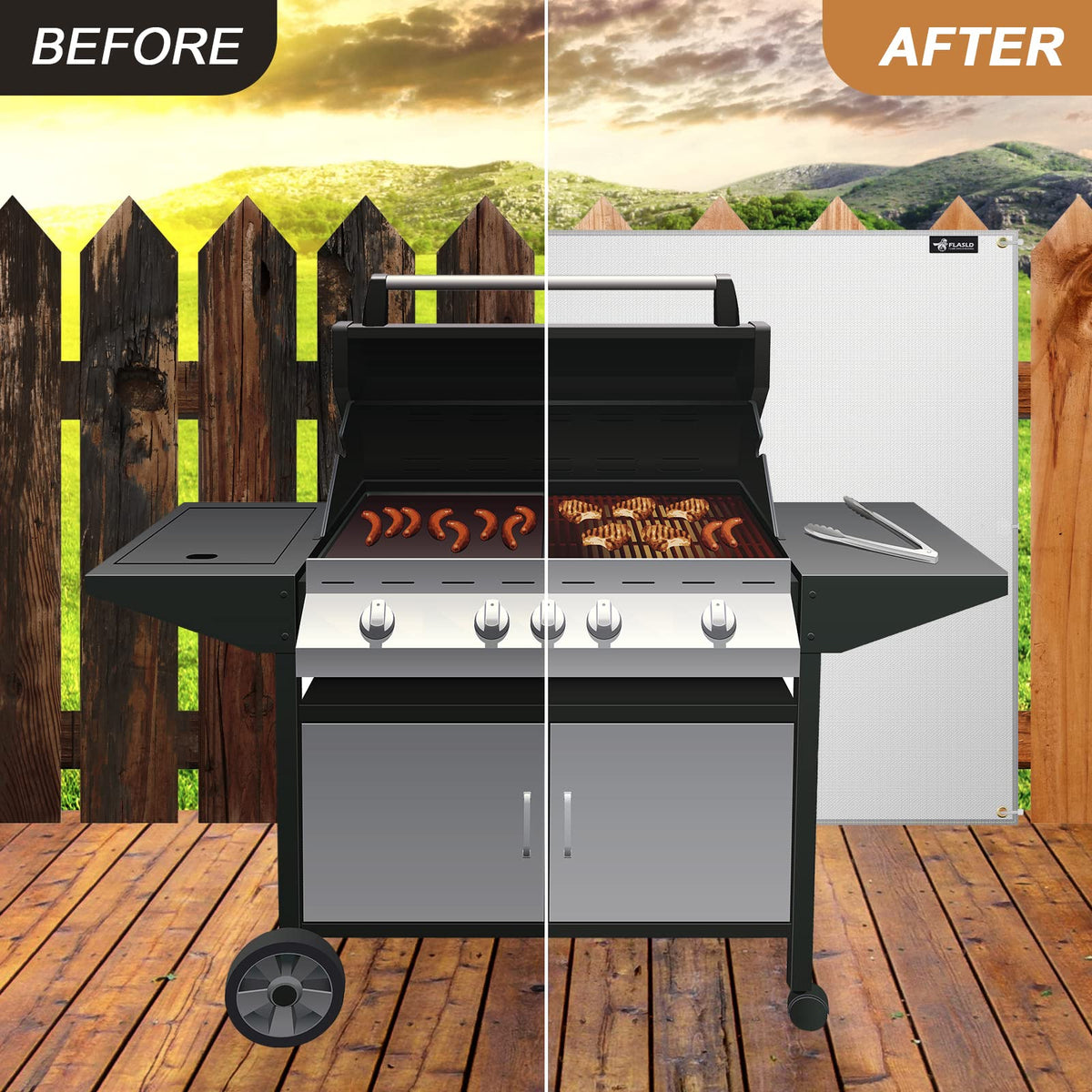 FLASLD heat shield near stove area helps prevent heat damage.