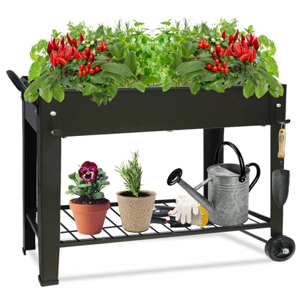 Fleecy day raised garden planter with wheels, front view shows mobility for sun shifts.