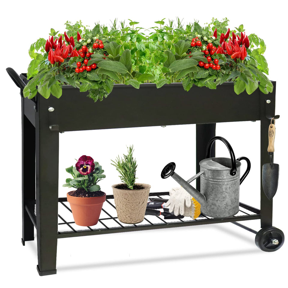 Fleecy day raised garden planter with wheels, front view shows mobility for sun shifts.