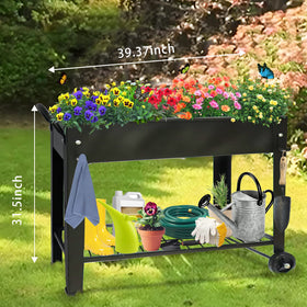 Fleecy day raised planter with wheels, side view for easy repositioning on patios.