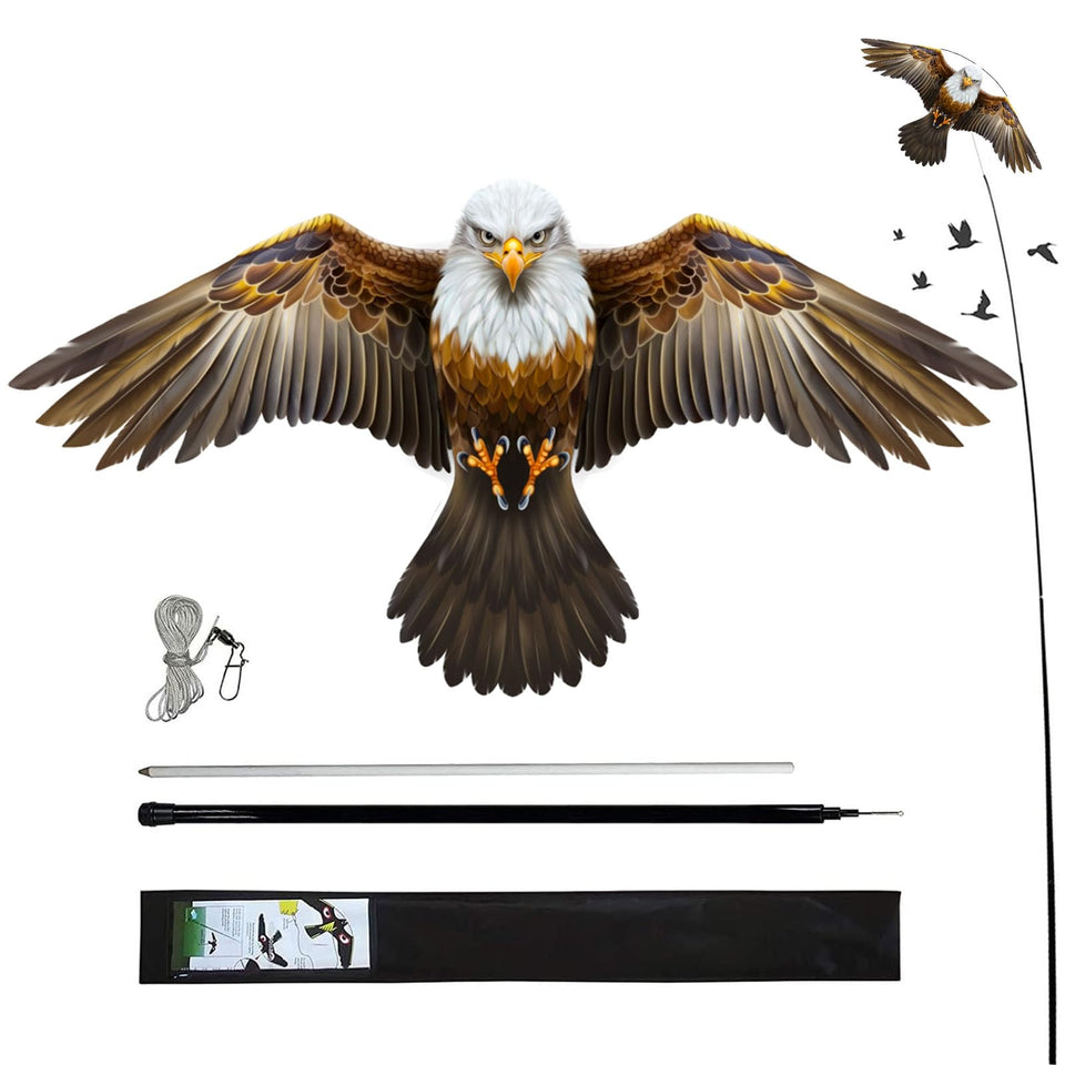 Flerigh Bird Hawk Kite on a 13ft pole guarding crops from pest birds