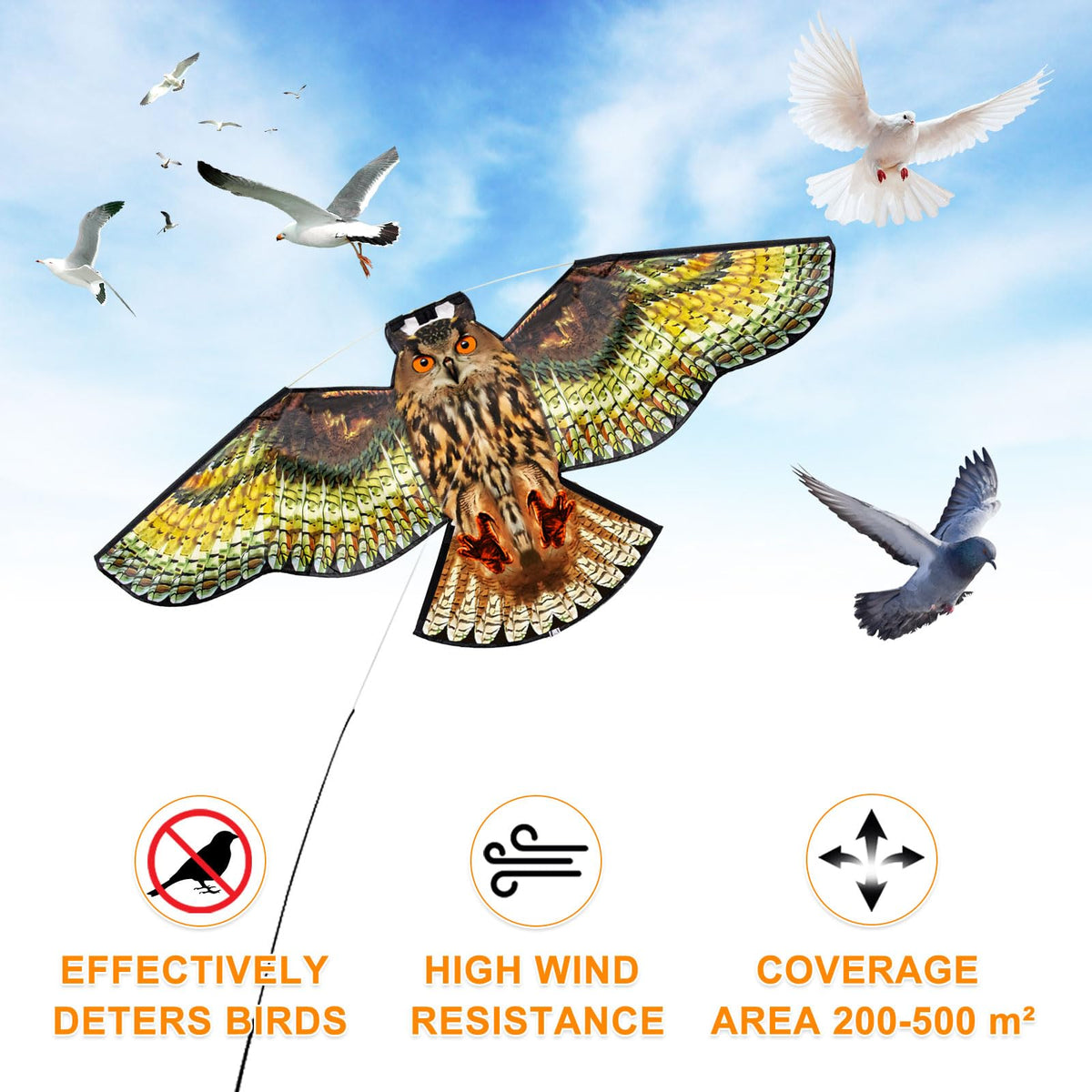 Flerigh Owl Kite features durable fabric and laser-cut design for long-lasting orchard protection.