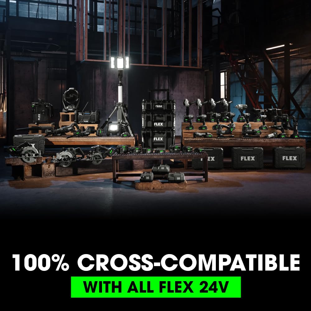 FLEX 24V cross-compatibility image emphasizing battery and charger flexibility within the system.