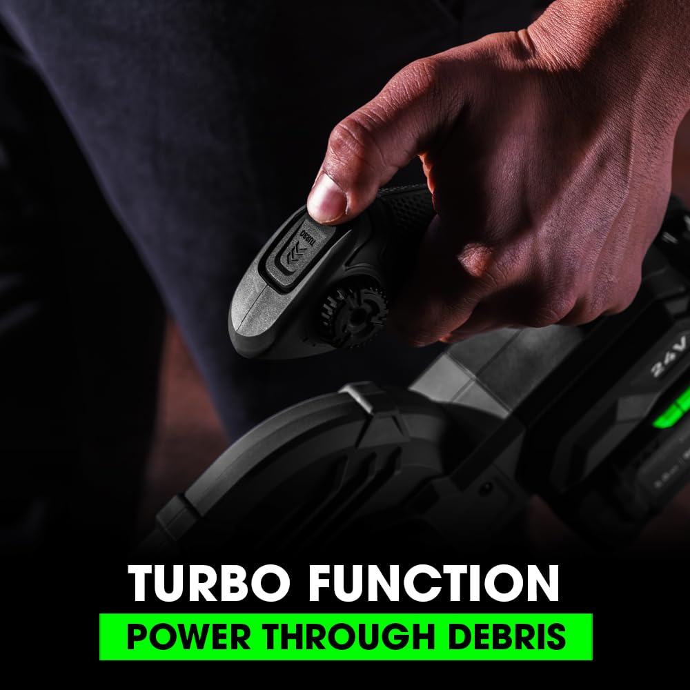 FLEX 24V brushless blower with turbine-style fan demonstrates powerful airflow for debris removal.