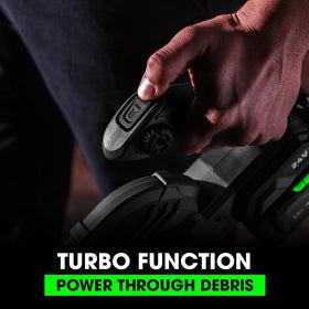 FLEX 24V brushless blower with turbine-style fan demonstrates powerful airflow for debris removal.