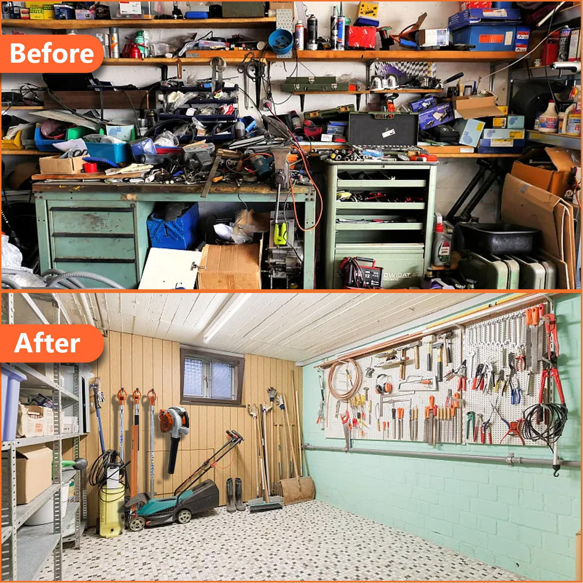 Bright FLEXI RODS wall rack organized in a garage for easy access