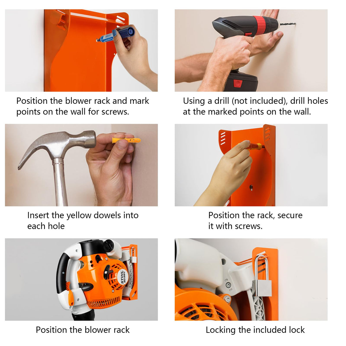 Stihl BG-66 on FLEXI RODS iron frame wall rack showing stability