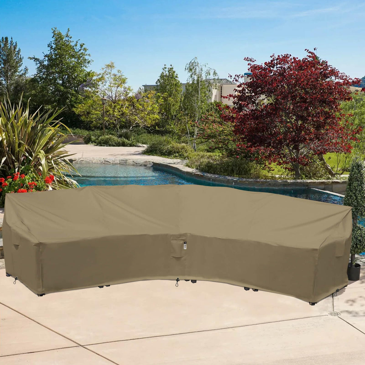 Flexiyard curved 190 inch size cover fitting a curved sectional