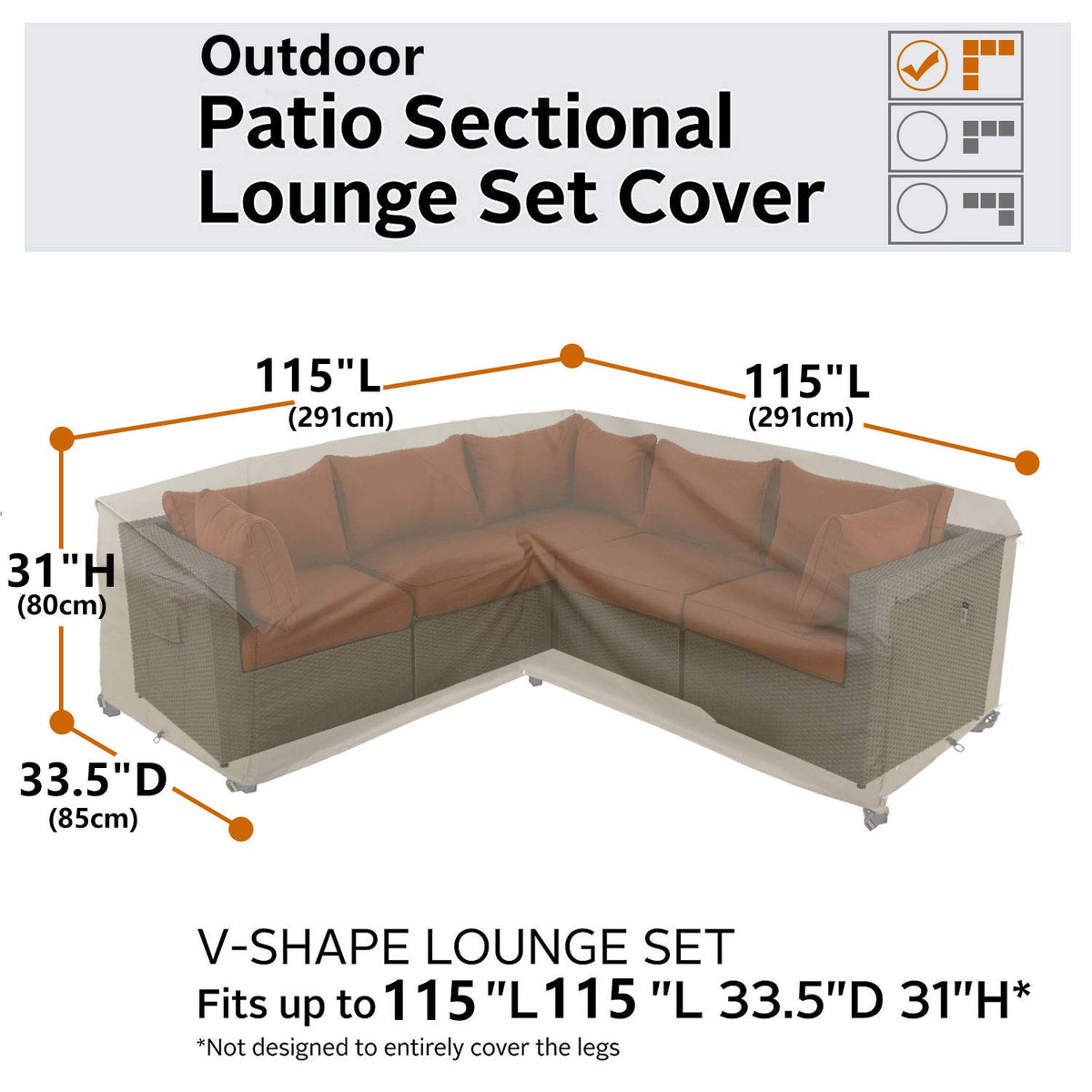 Flexiyard Desert Khaki fits 115 by 115 inch sectional sofas.