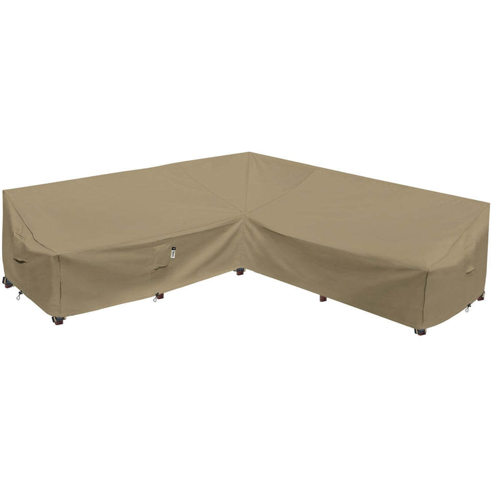 Flexiyard Desert Khaki sofa cover close-up on heavy-duty fabric protection.