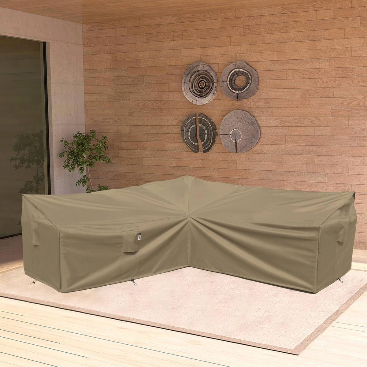 Flexiyard fit on a 100x100 V-shaped sectional sofa in a patio setting